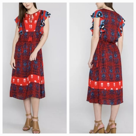 Desigual Boho Midi Dress Sigrid Red Blue Tassel Flutter Sleeveless - Picture 1 of 2